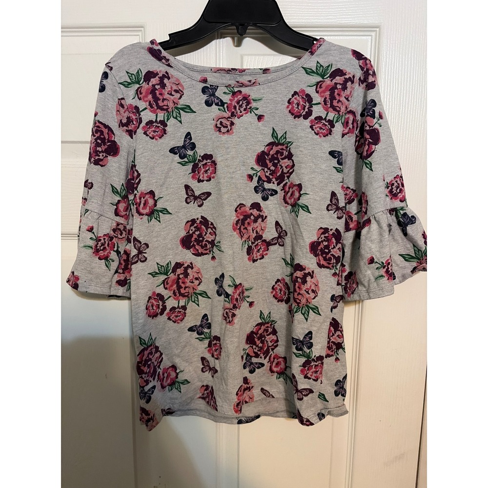 Wonder‎ Nation Girls XL 14-16 Floral Butterfly Bell Sleeve Top Gray Plush Plum